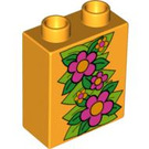 Duplo Leuchtendes helles Orange Stein 1 x 2 x 2 mit Rosa Blumen ohne Unterrohr (4066 / 58662)