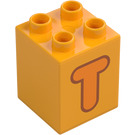 Duplo Leuchtendes helles Orange Stein 2 x 2 x 2 mit Letter "T" Deko (31110 / 65943)