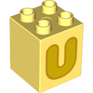 Duplo Bright Light Yellow Brick 2 x 2 x 2 with Letter "U" Decoration (31110 / 65944)