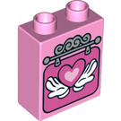 Duplo Bright Pink Brick 1 x 2 x 2 with pink heart in hands sign with Bottom Tube (15847 / 33356)