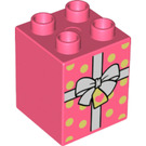 Duplo Coral Brick 2 x 2 x 2 with White Ribbon and Bow (1371 / 31110)