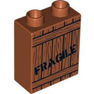 Duplo Dark Orange Brick 1 x 2 x 2 with Wooden Crate "Fragile" without Bottom Tube (47719 / 53469)