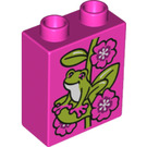 Duplo Dark Pink Brick 1 x 2 x 2 with Flowers and Frog with Bottom Tube (15847 / 24983)