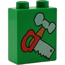 Duplo Green Brick 1 x 2 x 2 with Hammer and Saw Pattern without Bottom Tube (4066 / 41182)