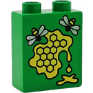 Duplo Green Brick 1 x 2 x 2 with Honeycomb and Bees without Bottom Tube (4066)