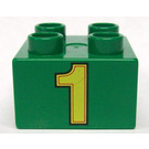 Duplo Green Brick 2 x 2 with yellow number one (3437)