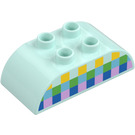 Duplo Light Aqua Brick 2 x 4 with Curved Sides with Green and Blue and Yellow Squares (98223 / 105458)