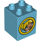 Duplo Medium Azure Brick 2 x 2 x 2 with Girl and Boy (Opposite Sides) (25146 / 31110)