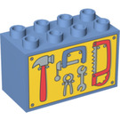 Duplo Medium Blue Brick 2 x 4 x 2 with silver tools on yellow background (31111 / 55882)