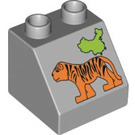 Duplo Mittleres Steingrau Schrägstein 2 x 2 x 1.5 (45°) mit Tiger und China (6474 / 84597)