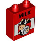 Duplo Red Brick 1 x 2 x 2 with Black and White Cow and Glass of Milk without Bottom Tube (4066 / 54830)