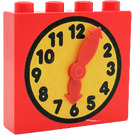 Duplo Rood Steen 1 x 4 x 3 met Clock Gezicht met Movable Rood Handen en Geel Gezicht (73013)