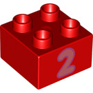 Duplo Rood Steen 2 x 2 met Number "2" (3437 / 68393)