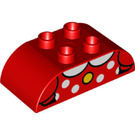 Duplo Red Brick 2 x 4 with Curved Sides with Red and white spotty dress top with yellow button (43810 / 98223)