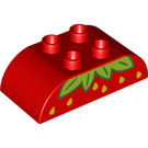 Duplo Red Brick 2 x 4 with Curved Sides with yellow seeds and green leaves (top of strawberry) (73345 / 98223)