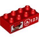 Duplo Red Brick 2 x 4 with Fireman, White Fire Logo and 123 (3011 / 65963)