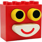 Duplo Rood Steen 2 x 4 x 3 met Geel Ogen en Wit Mond (pressable Knoppen)