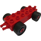 Duplo Red Car Chassis 2 x 6 with Black Wheels (Older Open Hitch) (2312 / 74656)
