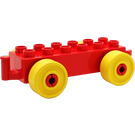 Duplo Red Car Chassis 2 x 6 with Yellow Wheels (Older Open Hitch)