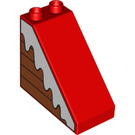 Duplo Red Slope 2 x 4 x 3 (45°) with Wood Panelling and Snow (49570 / 57695)