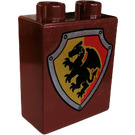 Duplo Reddish Brown Brick 1 x 2 x 2 with Shield with Dragon without Bottom Tube (52011)