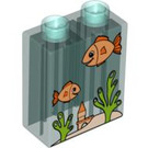 Duplo Transparant lichtblauw Steen 1 x 2 x 2 met Twee Vis in Aquarium zonder buis aan de onderzijde (4066 / 54827)