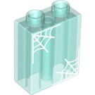 Duplo Transparent Light Blue Brick 1 x 2 x 2 with white spider webs with Bottom Tube (15847 / 36627)