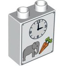 Duplo hvid Klods 1 x 2 x 2 med Clock, Elephant og 2 Carrots uden bundrør (4066 / 84701)