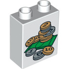 Duplo Wit Steen 1 x 2 x 2 met Coins en Bills Patroon zonder buis aan de onderzijde (4066 / 61256)