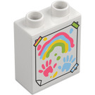 Duplo Bílá Kostka 1 x 2 x 2 s Ruka a rainbow paint prints se spodní trubičkou (15847 / 104357)