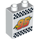 Duplo White Brick 1 x 2 x 2 with Lightning Bolt "95" and Checkered Flag without Bottom Tube (4066 / 95819)