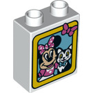 Duplo White Brick 1 x 2 x 2 with Minnie mouse and cat with Bottom Tube (15847 / 38650)