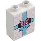 Duplo White Brick 1 x 2 x 2 with ribbon and spotty paper present with Bottom Tube (15847 / 38656)