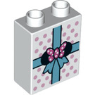 Duplo White Brick 1 x 2 x 2 with ribbon and spotty paper present with Bottom Tube (15847 / 38656)