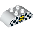 Duplo White Brick 2 x 4 with Curved Sides with "28" on Chequered Background (33374 / 98223)