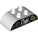 Duplo White Brick 2 x 4 with Curved Sides with "Café" and Cakes Decoration (65985 / 98223)