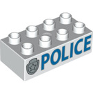 Duplo White Brick 2 x 4 with Silver Badge and "POLICE" (3011 / 61322)