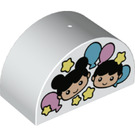 Duplo White Brick 2 x 4 x 2 with Curved Top with Balloons, stars, Girl and Boy  (31213 / 74843)