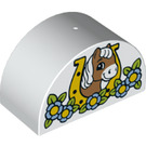 Duplo White Brick 2 x 4 x 2 with Curved Top with horse in horse shoe and flower frame (31213 / 73323)