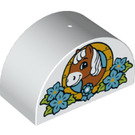 Duplo White Brick 2 x 4 x 2 with Curved Top with Pony with flowers sign (31213 / 36971)