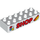 Duplo White Brick 2 x 6 with Ice Cream Cone, 'SHOP', and Hot Dog (2300 / 10203)