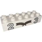 Duplo White Brick 2 x 6 with Numbers 2, 3 and Center Gold Laurels (2300 / 50463)