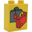 Duplo Yellow Brick 1 x 2 x 2 with 1 Gray and 1 Red Suitcase without Bottom Tube (4066)