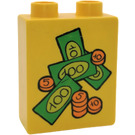 Duplo Geel Steen 1 x 2 x 2 met Bills en Coins zonder buis aan de onderzijde (4066 / 43198)