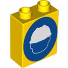 Duplo Yellow Brick 1 x 2 x 2 with Hard Hat Sign without Bottom Tube (4066 / 60824)