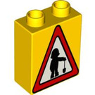 Duplo Gelb Backstein 1 x 2 x 2 mit Road Sign Triangle mit Konstruktion Worker ohne Unterrohr (4066 / 40991)