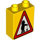 Duplo Yellow Brick 1 x 2 x 2 with Road Sign Triangle with Construction Worker without Bottom Tube (4066 / 40991)