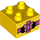 Duplo Yellow Brick 2 x 2 with White Spotty Present with Pink Bow (3437 / 38651)