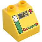 Duplo Gelb Schrägstein 2 x 2 x 1.5 (45°) mit Octan Logo, Gas Gauge, und '2.35' (6474 / 63017)