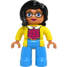 LEGO Adult with Long Black Hair, Yellow Jacket, Azure Legs Duplo Figure